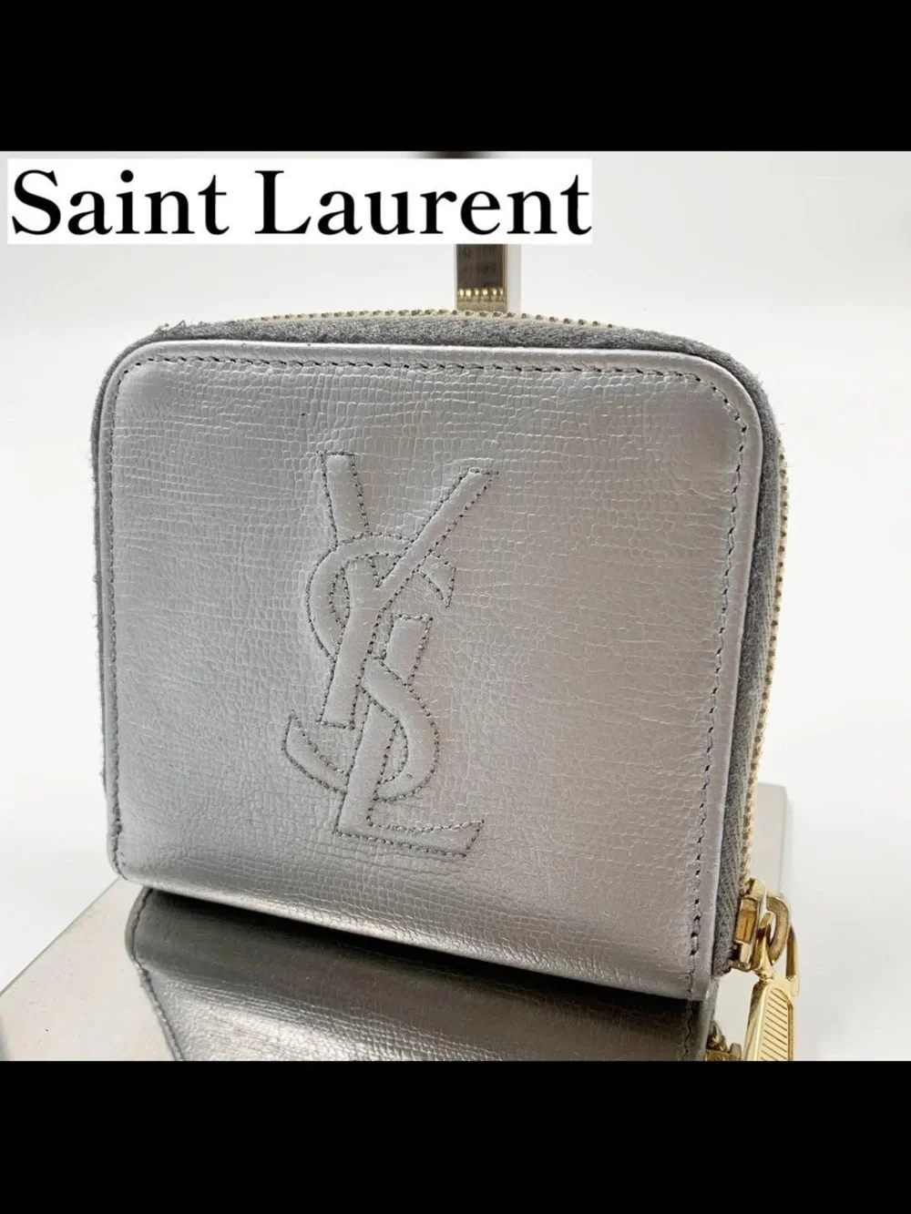 Saint Laurent Silver Leather Zip Around Compact Wallet